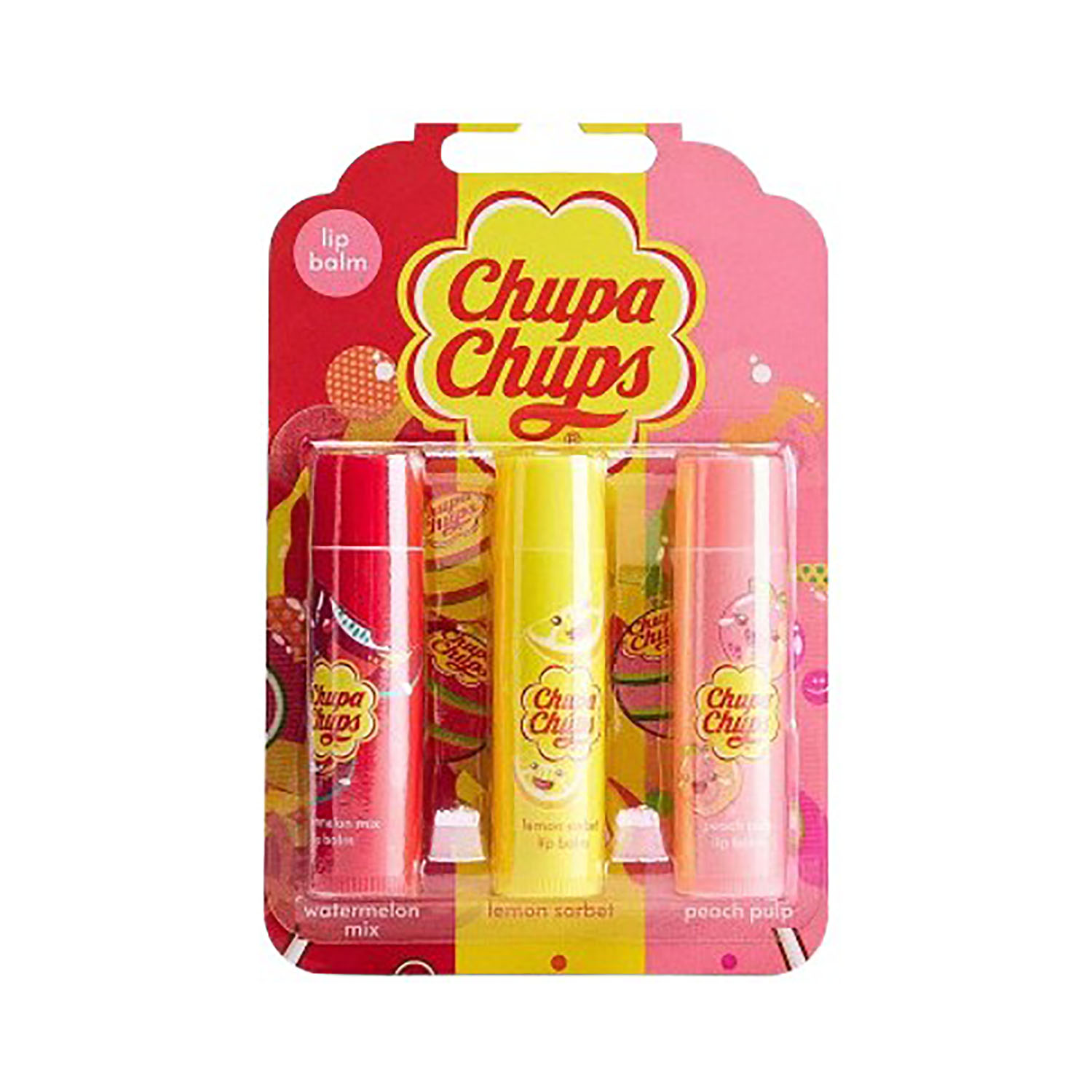 5013692245708 Chupa Chups Lip Balm Set 3 Pack Watermelon Mix, Peach Pulp & Lemon Sorbet 4g - Image 1